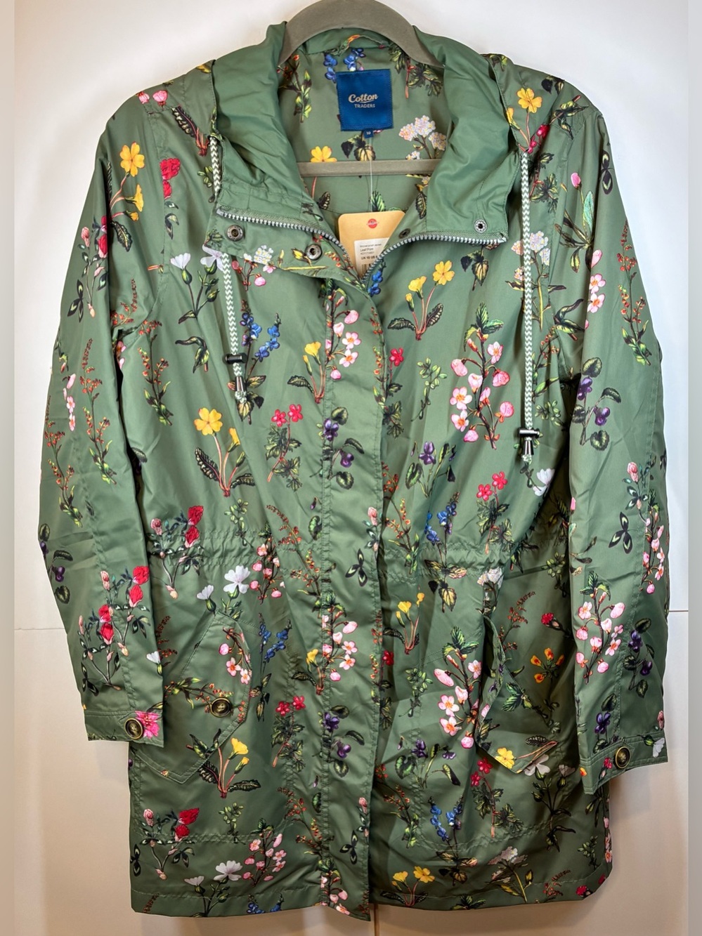 Cotton Traders Water Resistant Floral Hooded Rain Jacket Sage Green NWT Size 6